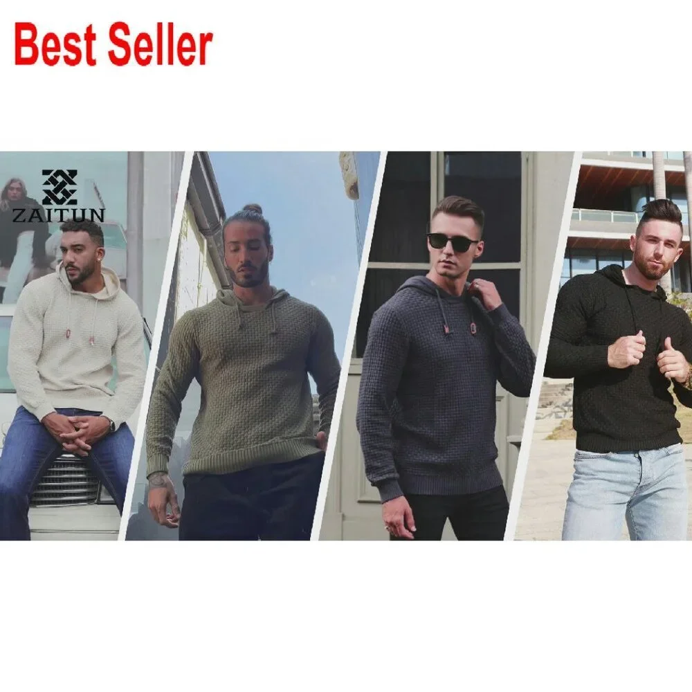 Slim Fit Hooded Sweatshirt Knitted Pullover Trendy Weave Texture Lightweight